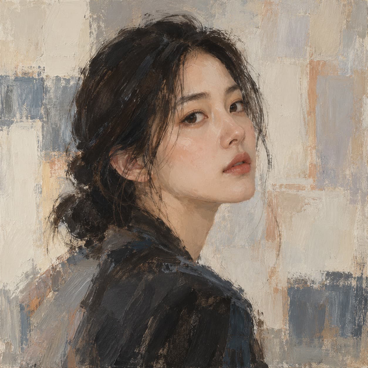 문세아 샘플 인물화 — 회청색·베이지 색면 배경 앞에서 고개를 돌린 검은 머리 여성